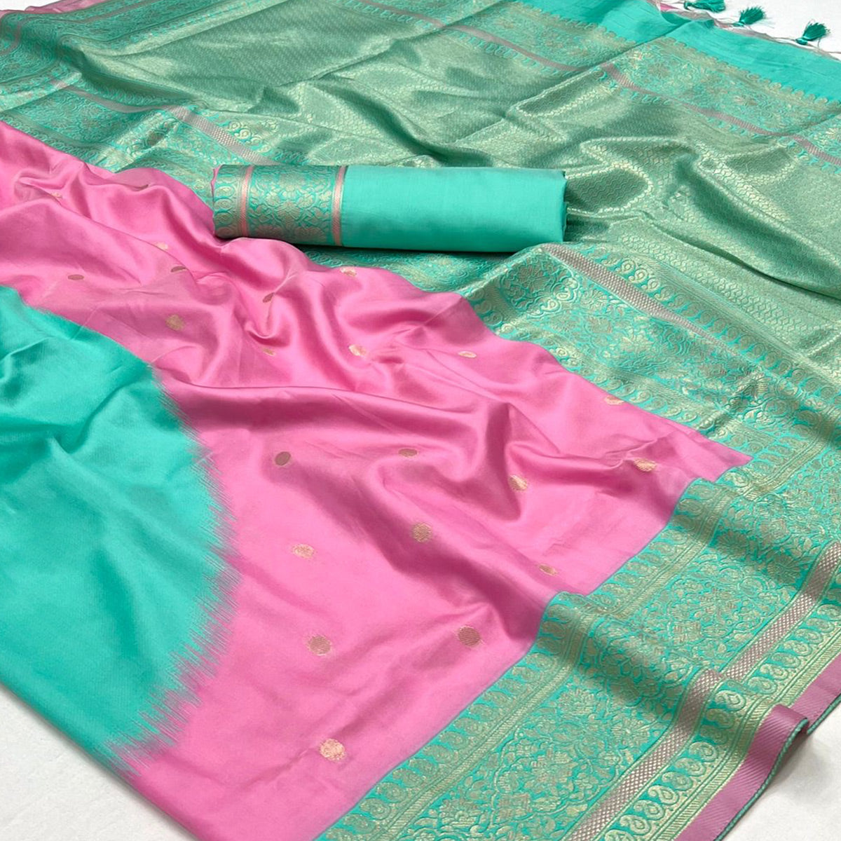 Pink & Turquoise Zari Butti Work Banarasi Silk Saree