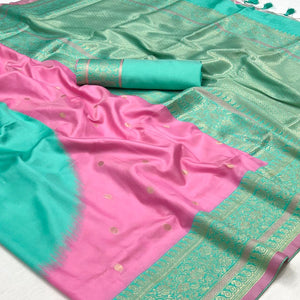 Pink & Turquoise Zari Butti Work Banarasi Silk Saree