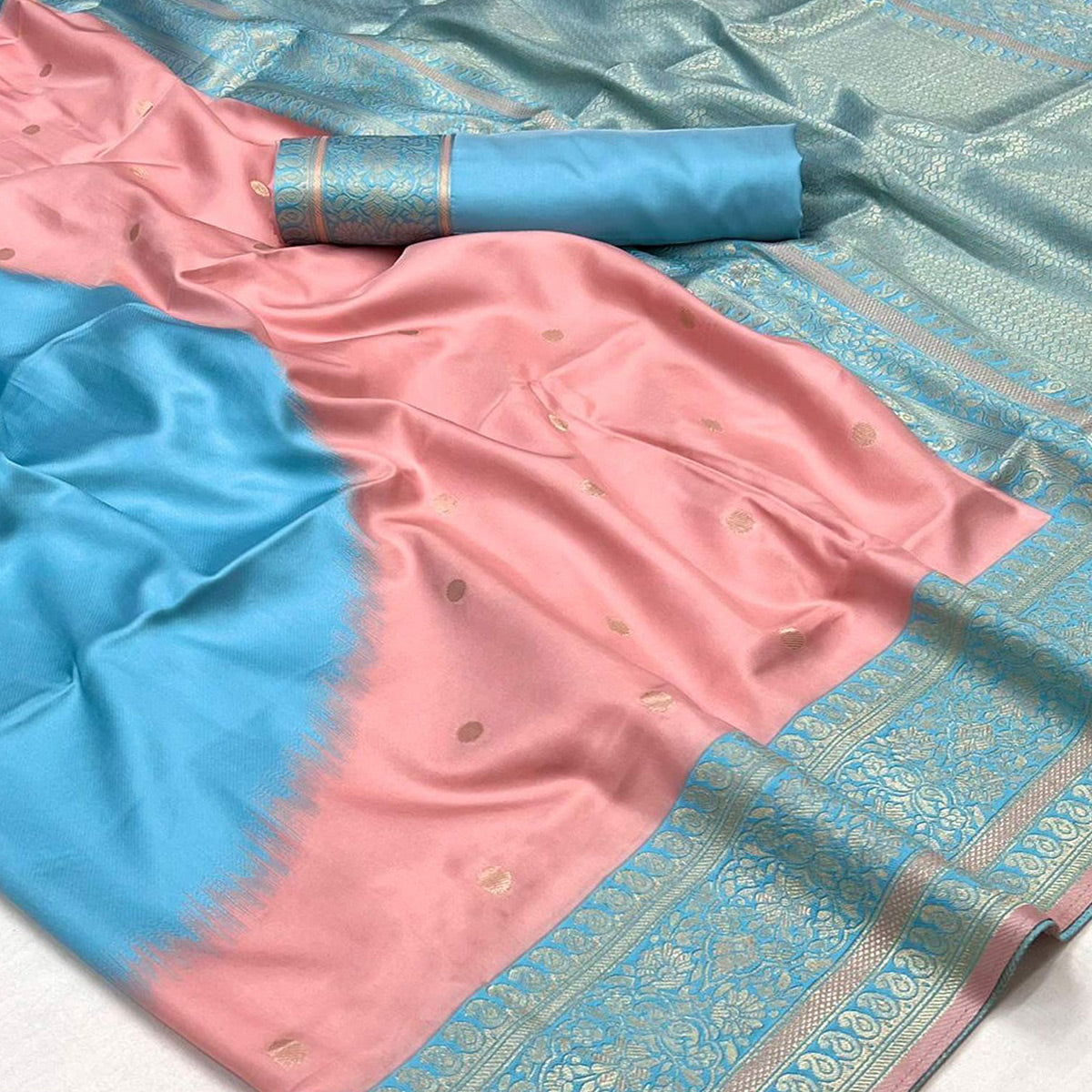 Peach & Blue Zari Butti Work Banarasi Silk Saree