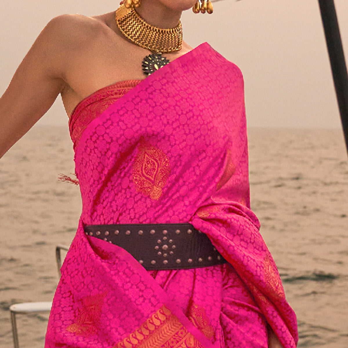 Rani Pink Woven Satin Two Tone Saree