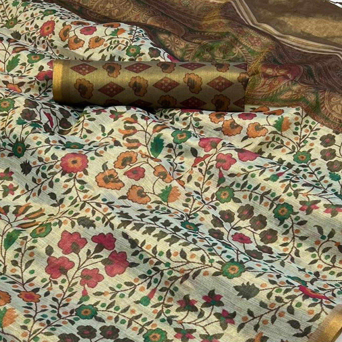 Grey Floral Printed Tissue Saree With Tassels