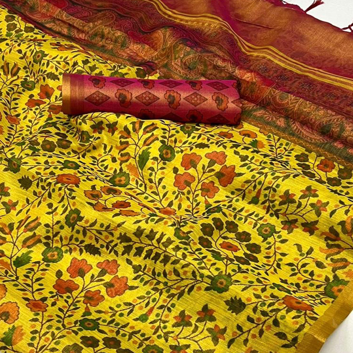 Yellow Floral Printed Tissue Saree With Tassels