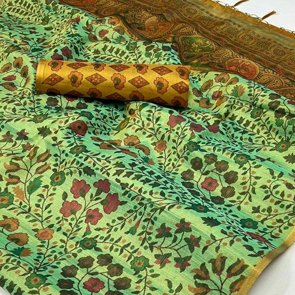 Sea Green Floral Printed Tissue Saree With Tassels