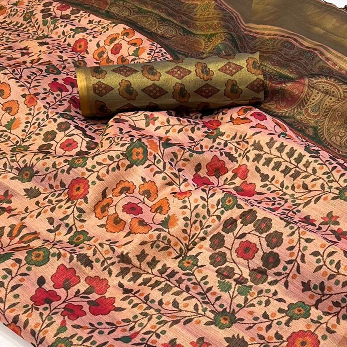 Peach Floral Printed Tissue Saree With Tassels