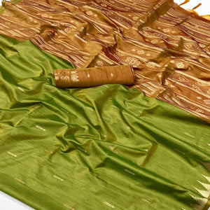 Green Zari Work Woven Tussar Silk Saree With Tassels