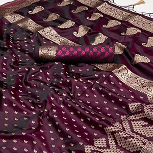 Wine Woven Satin Saree With Tassels