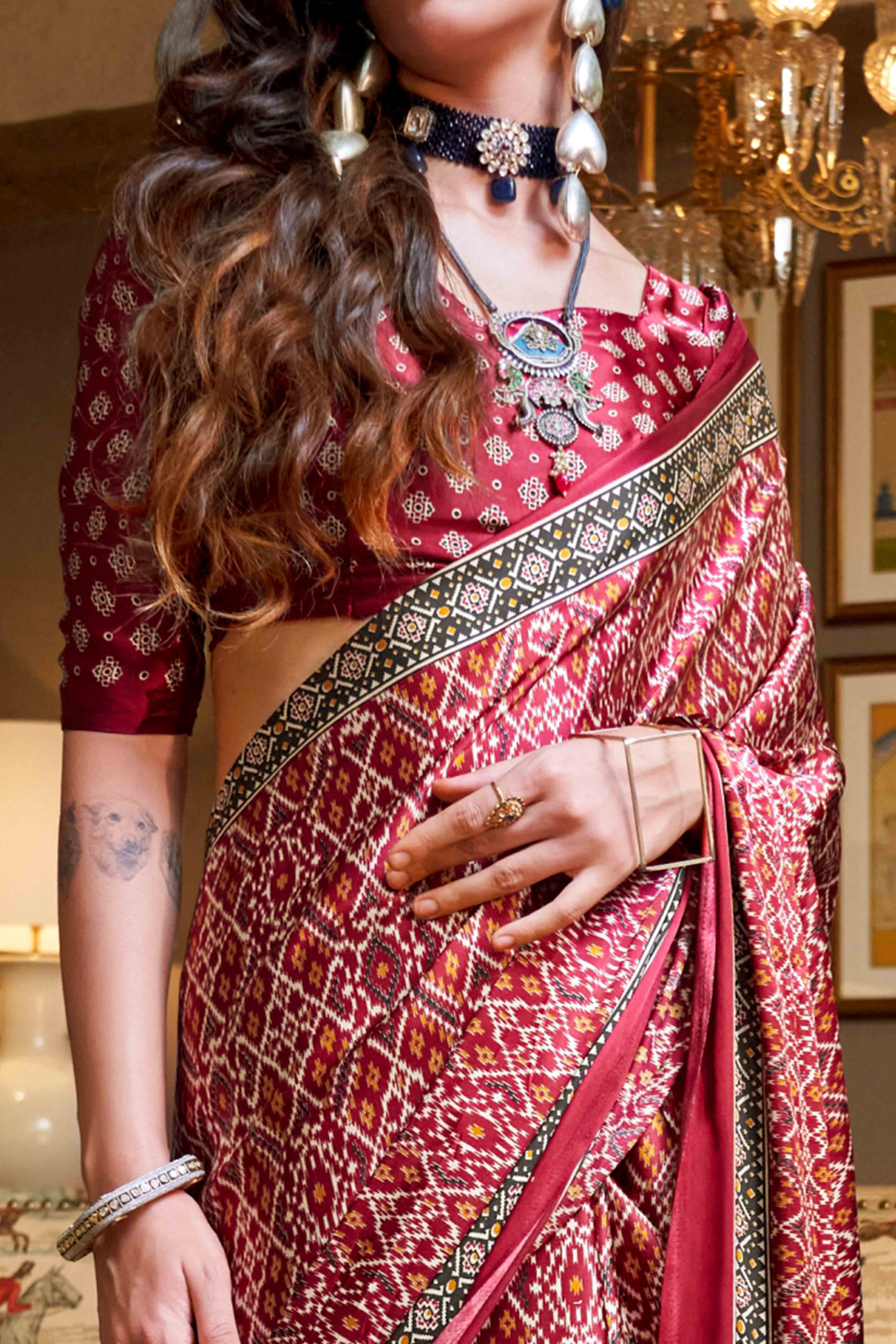 Magenta Patola Printed Satin Crepe Saree