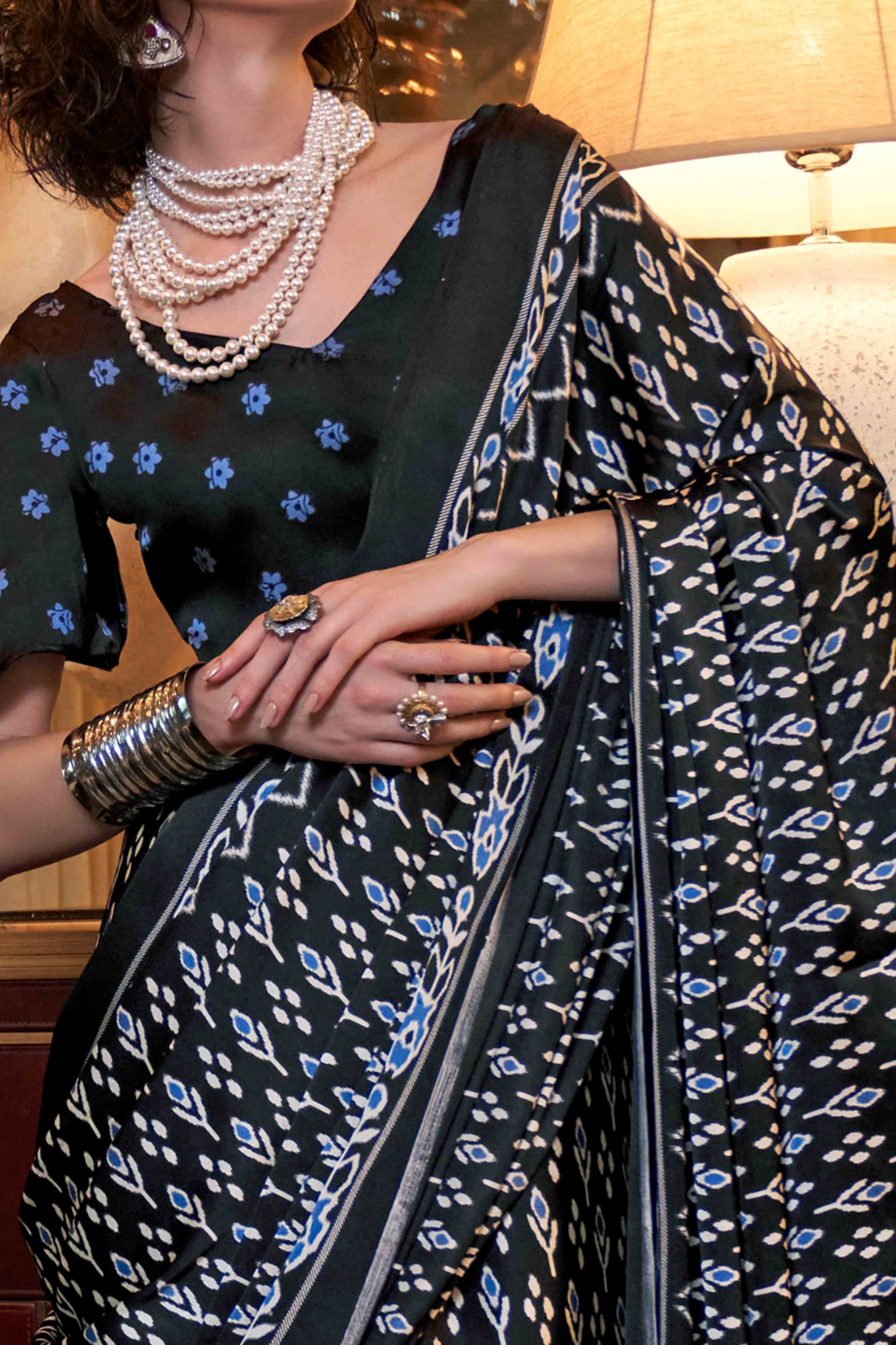 Black Patola Printed Satin Crepe Saree