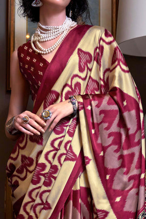 Magenta & Cream Patola Printed Satin Crepe Saree
