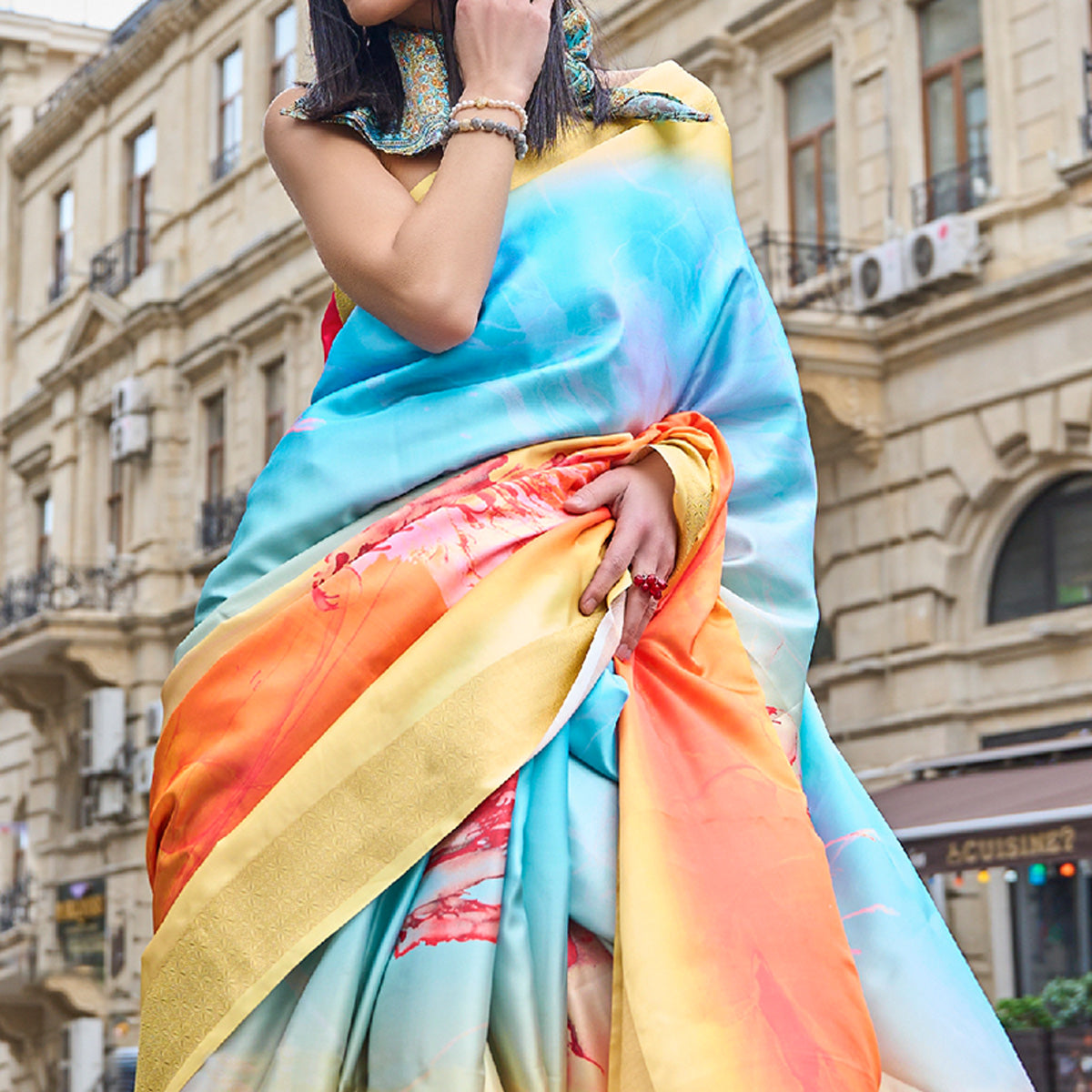 Yellow & Blue Digital Printed Satin Saree With Tassels