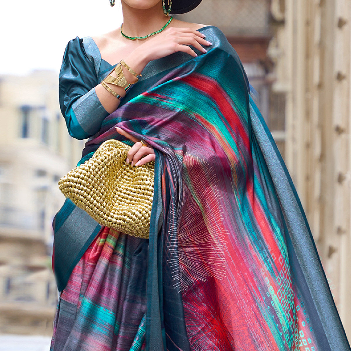 Teal Blue Digital Printed Satin Saree With Tassels