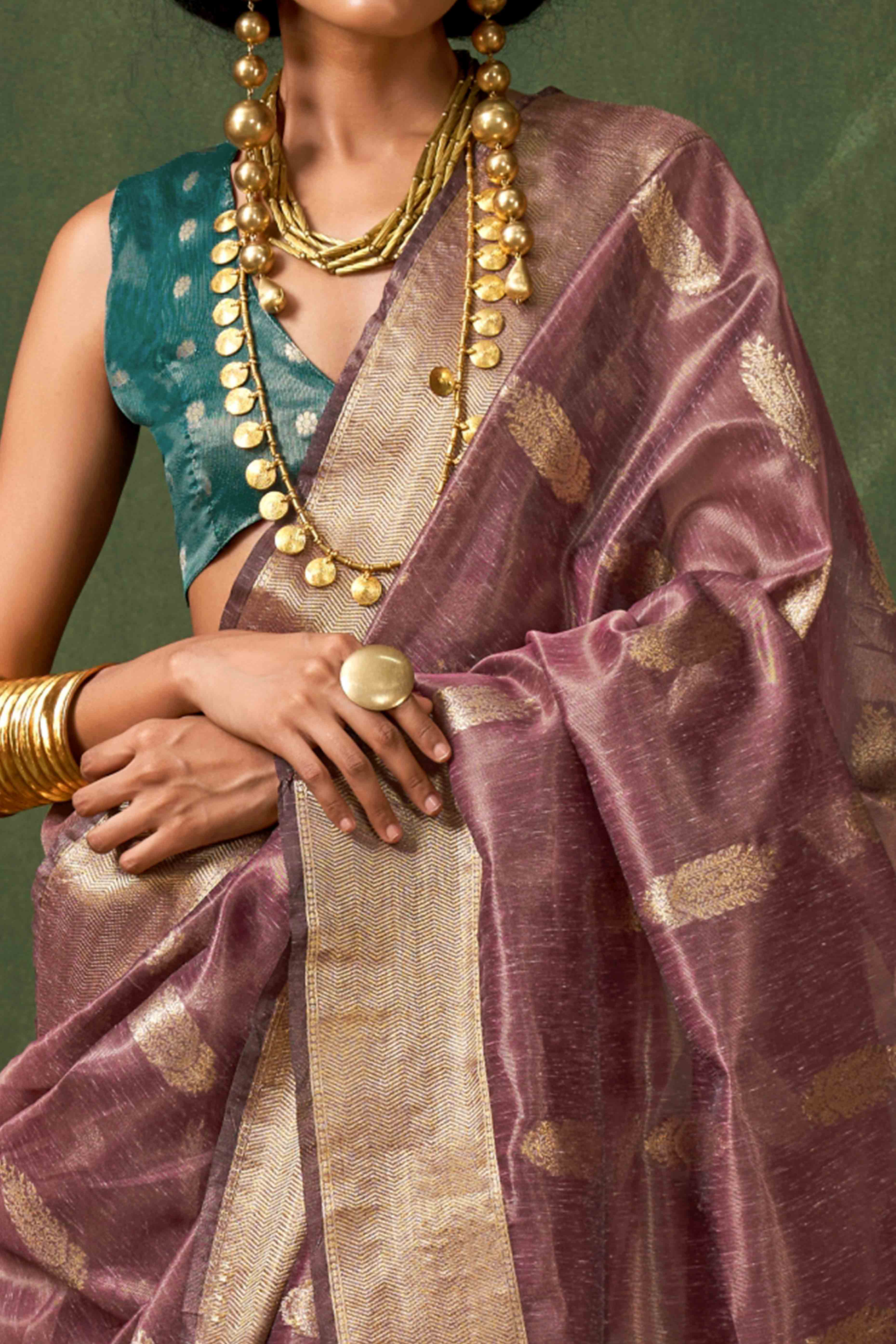 Mauve Floral Zari Woven Tissue Paithani Style Saree