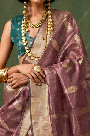 Mauve Floral Zari Woven Tissue Paithani Style Saree