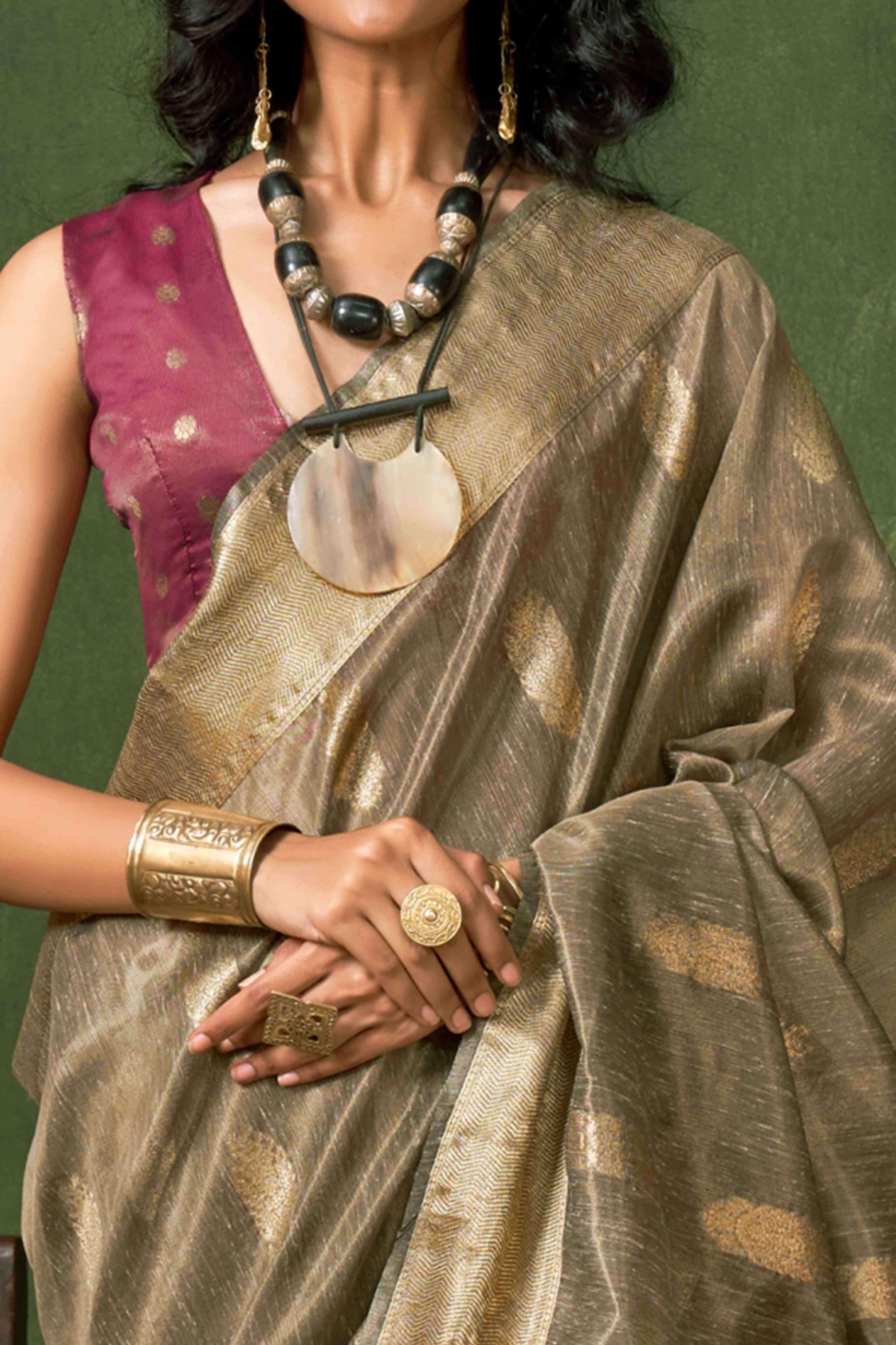 Brown Floral Zari Woven Tissue Paithani Style Saree
