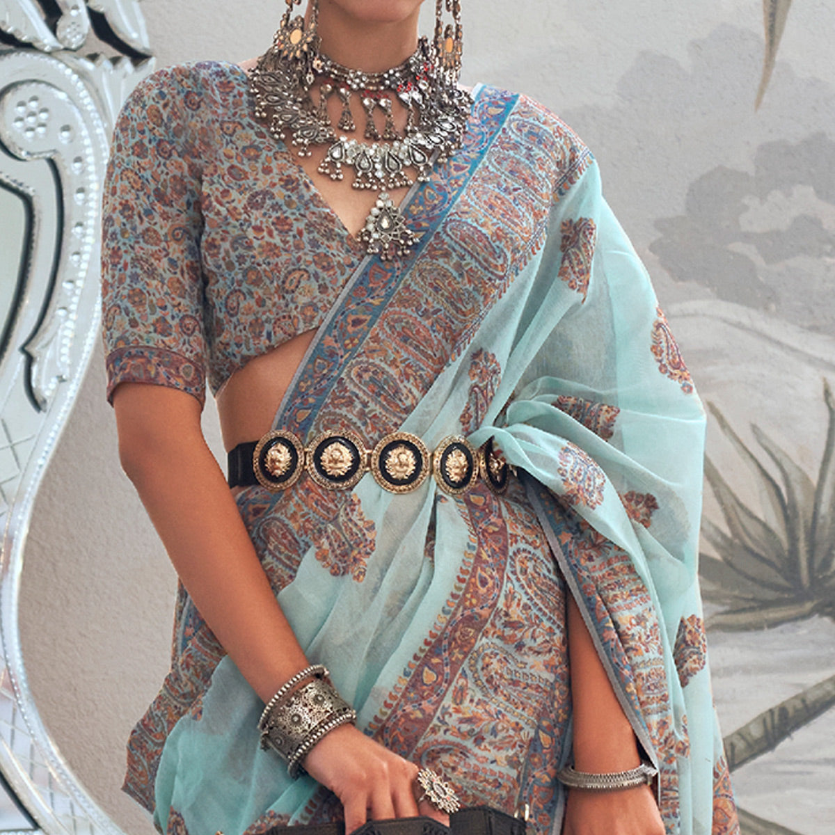 Turquoise Woven Chanderi Silk Saree