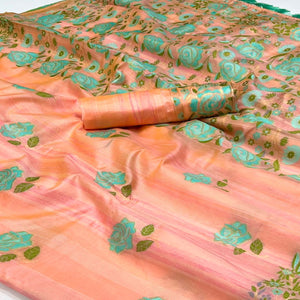 Peach Floral Woven Pure Silk Saree With Tassels