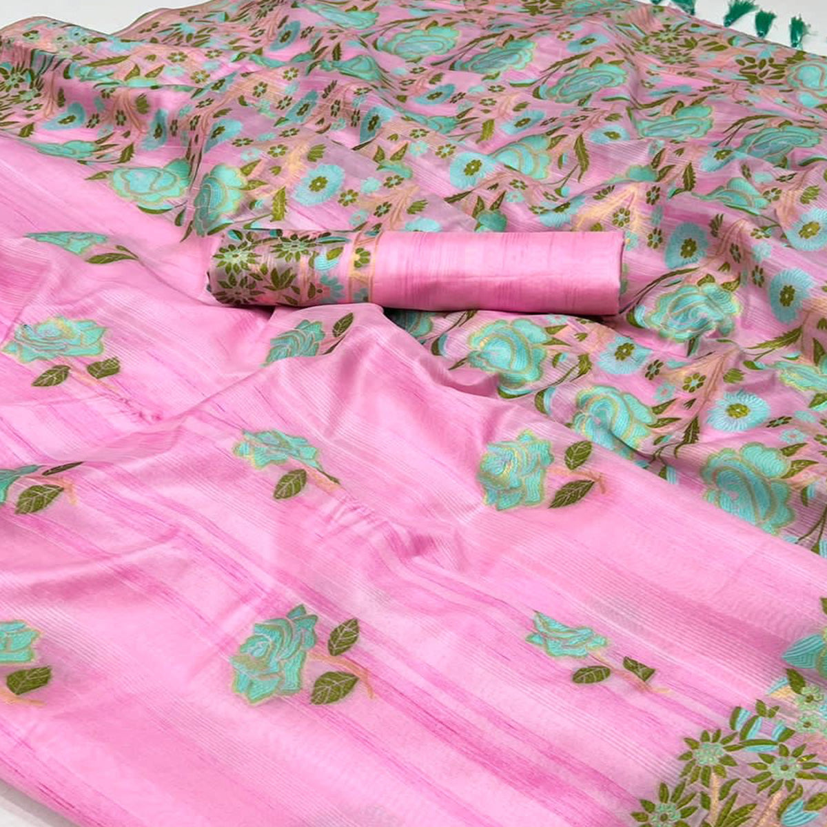 Pink Floral Woven Pure Silk Saree With Tassels