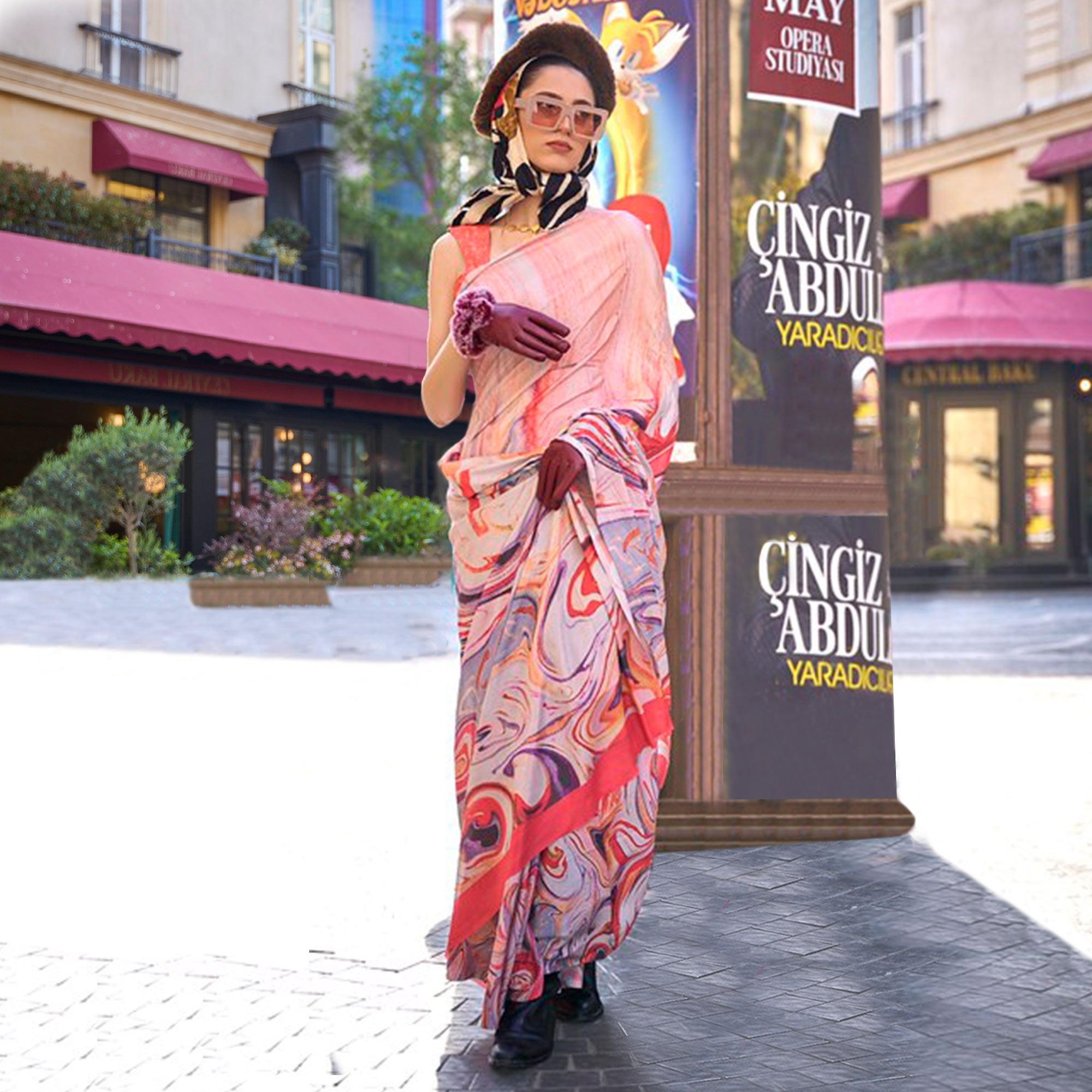 Peach Digital Printed Crepe Saree