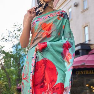 Sea Green Digital Printed Crepe Saree