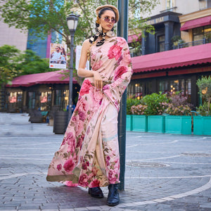 Light Chikoo Digital Printed Crepe Saree