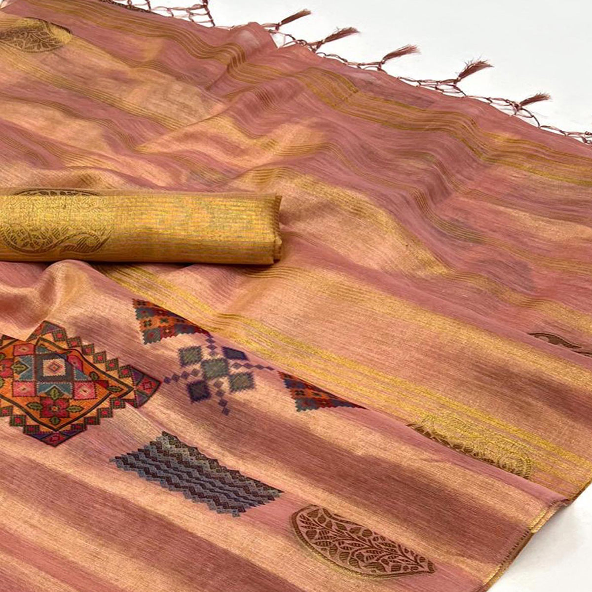 Peach Woven Art Silk Saree With Digital Print