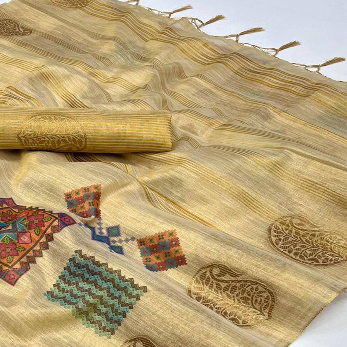 Beige Woven Art Silk Saree With Digital Print