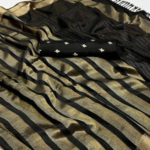 Black Woven Viscose Saree With Tassels