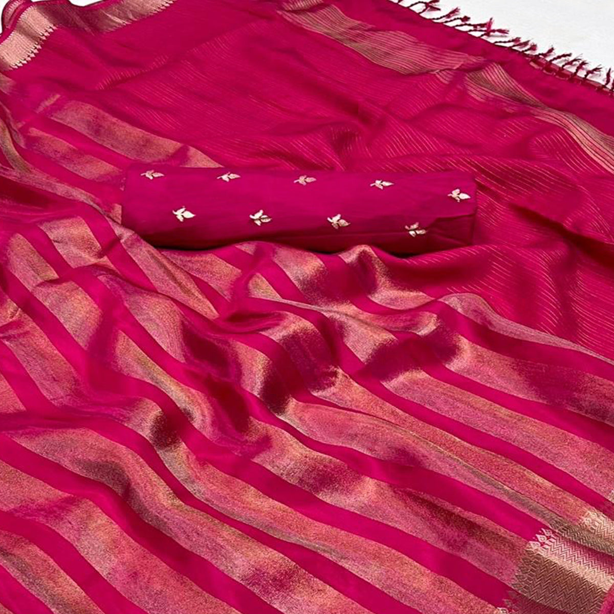 Rani Pink Woven Viscose Saree With Tassels