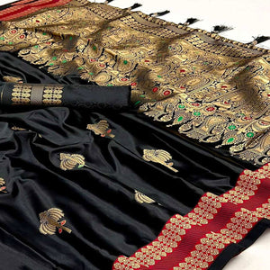 Black Woven Satin Saree With Tassels