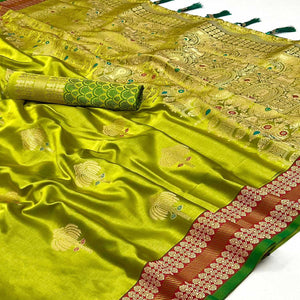 Green Woven Satin Saree With Tassels