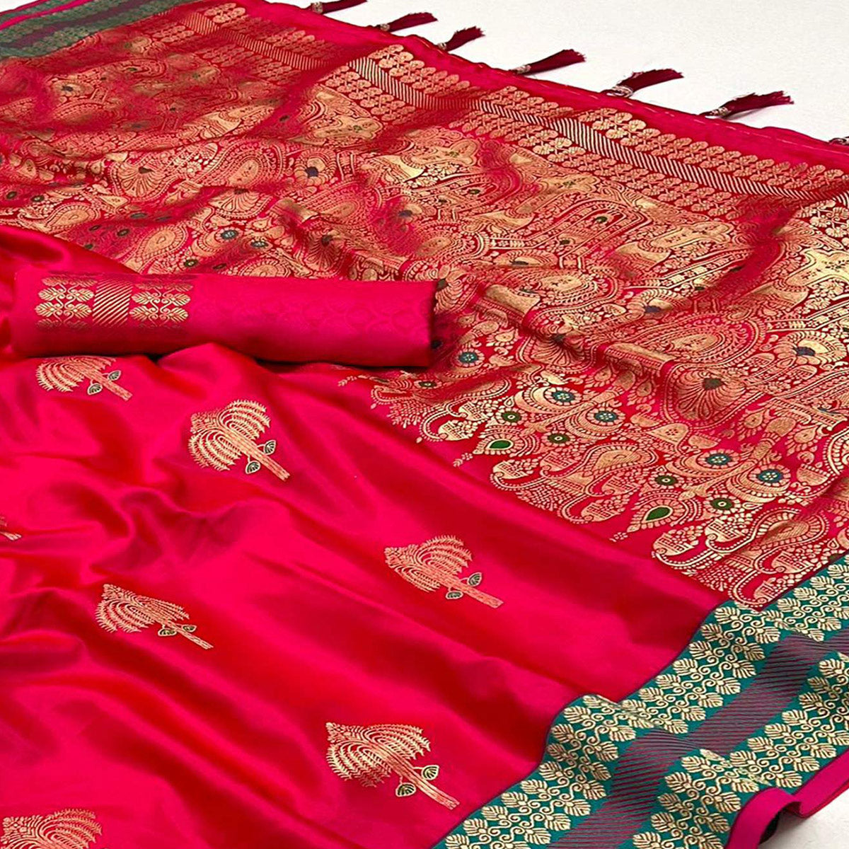 Pink Woven Satin Saree With Tassels