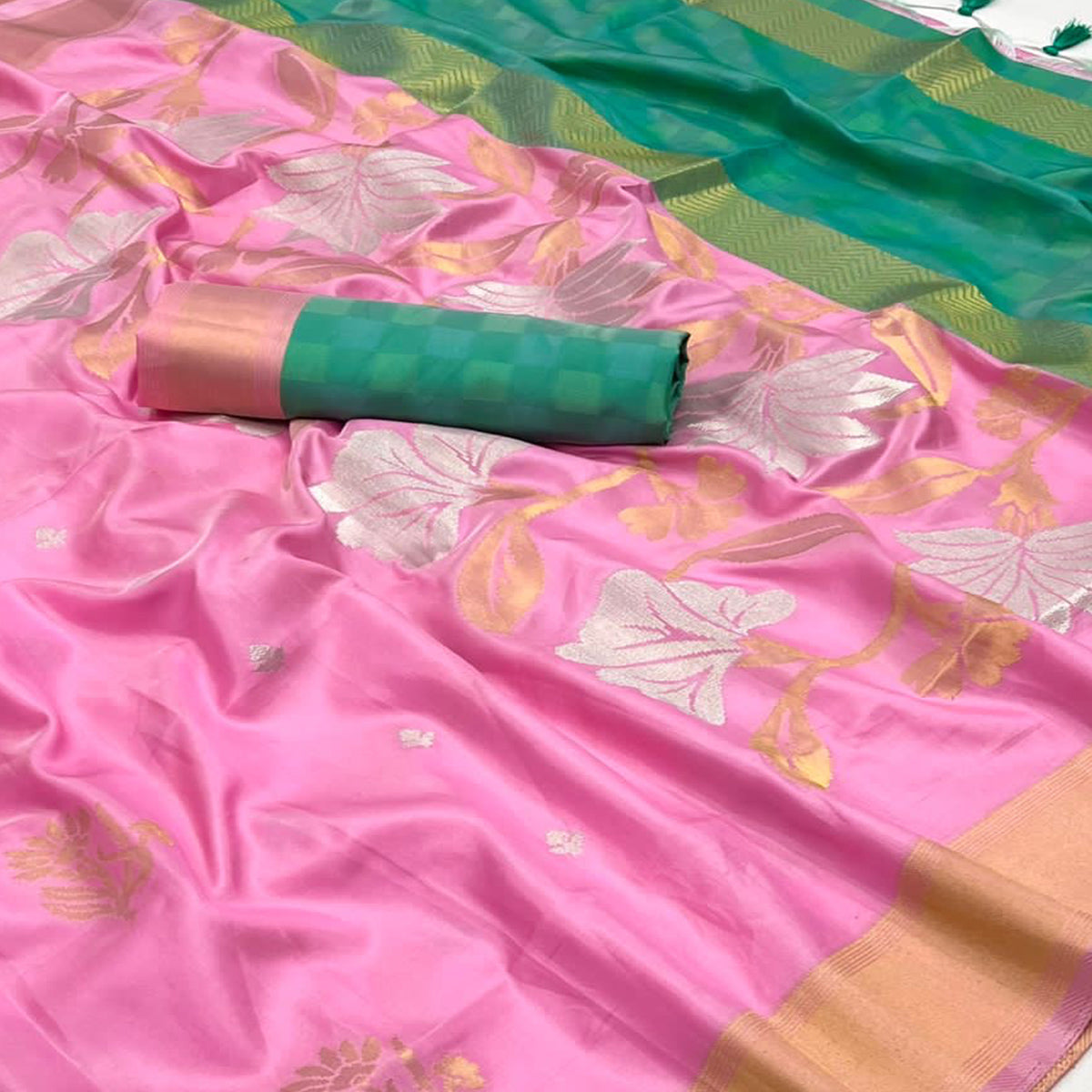 Pink Floral Woven Art Silk Saree With Tassels