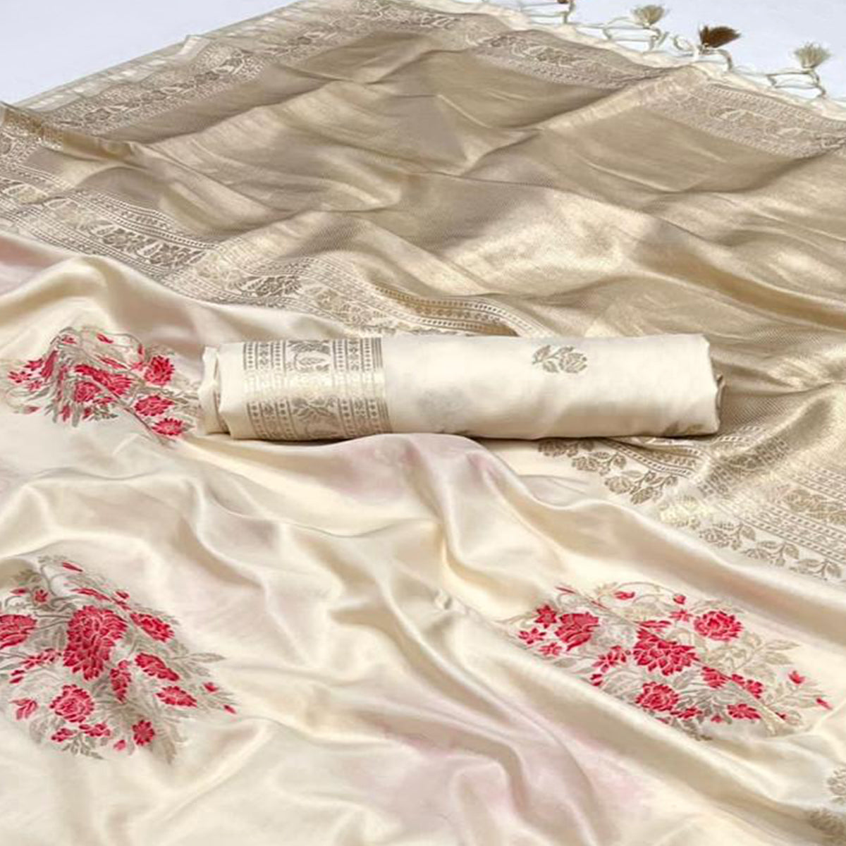 Beige Floral Woven Art Silk Saree With Tassels