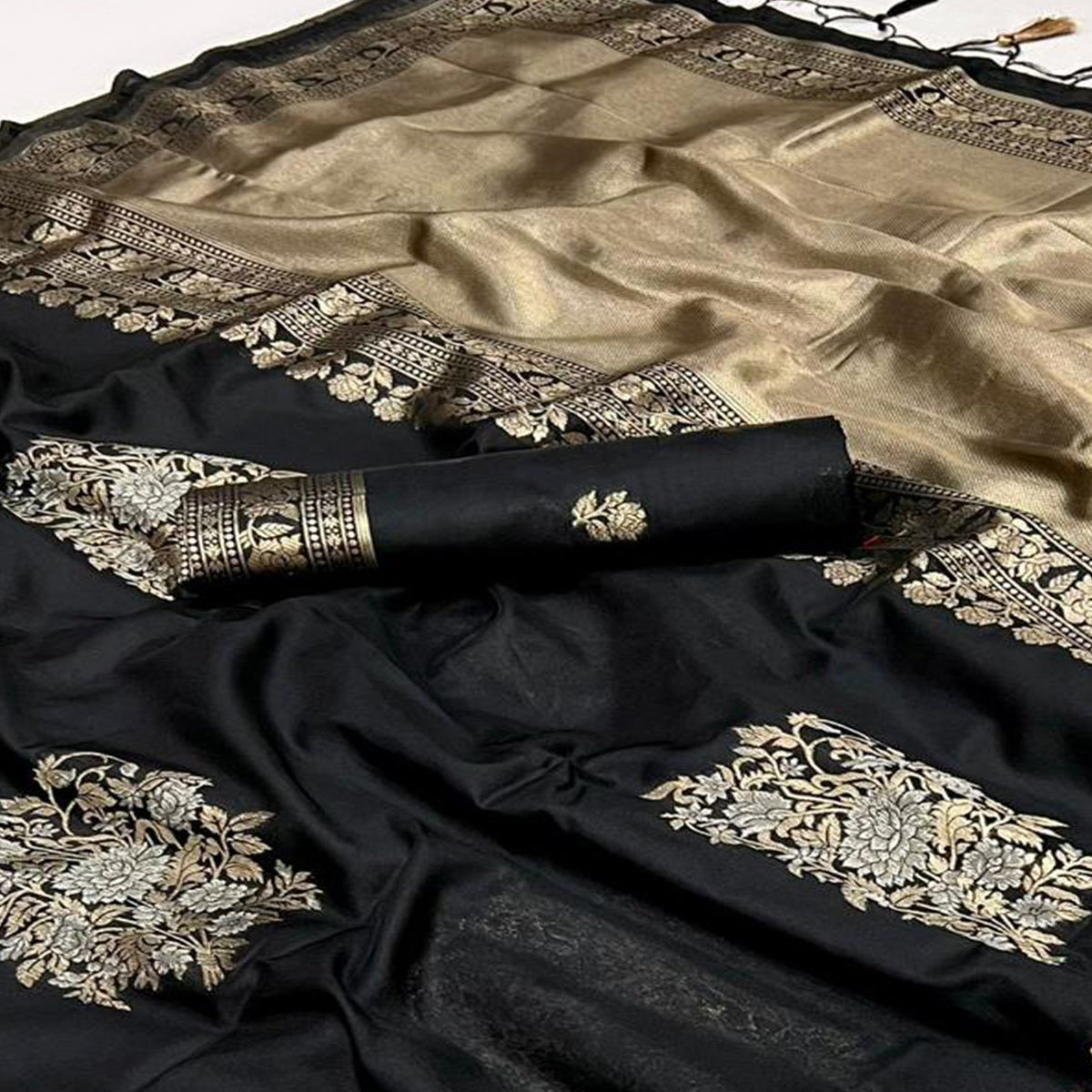 Black Floral Woven Art Silk Saree With Tassels