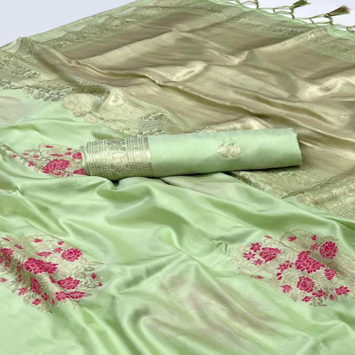 Green Floral Woven Art Silk Saree With Tassels