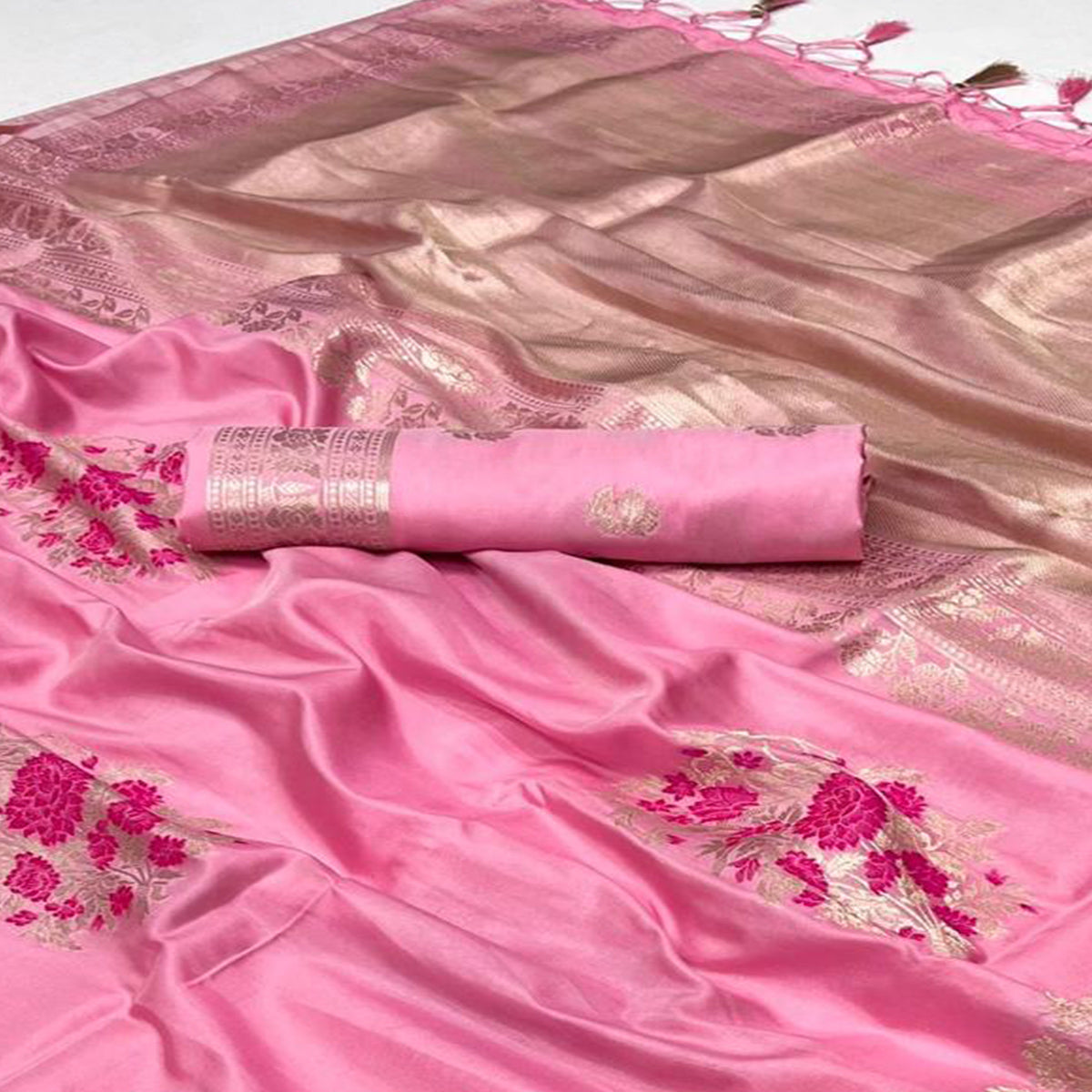 Pink Floral Woven Art Silk Saree With Tassels