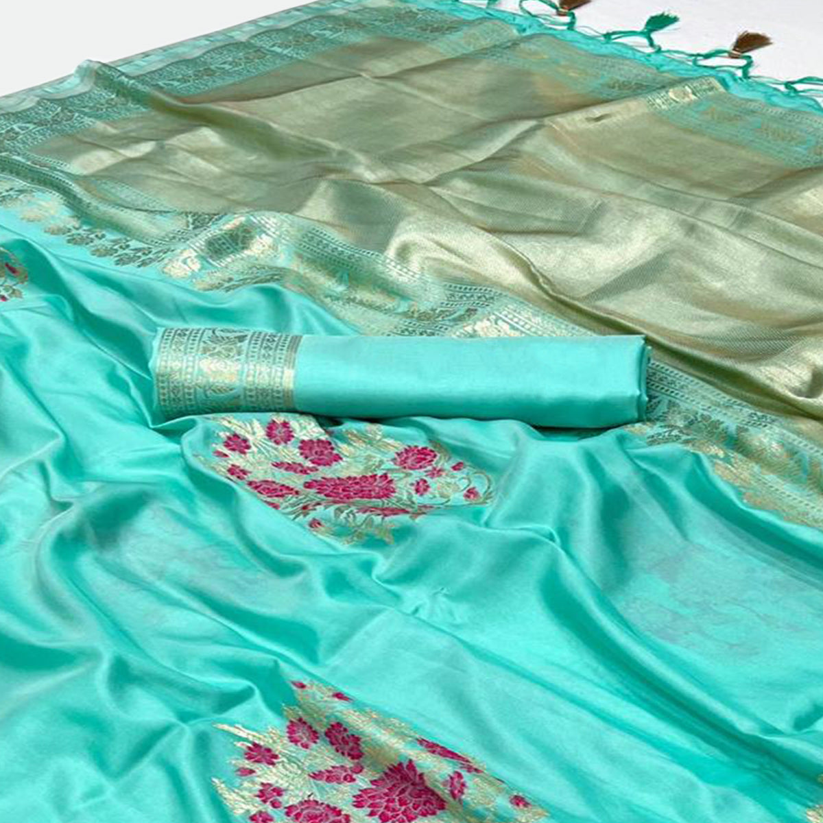 Turquoise Floral Woven Art Silk Saree With Tassels