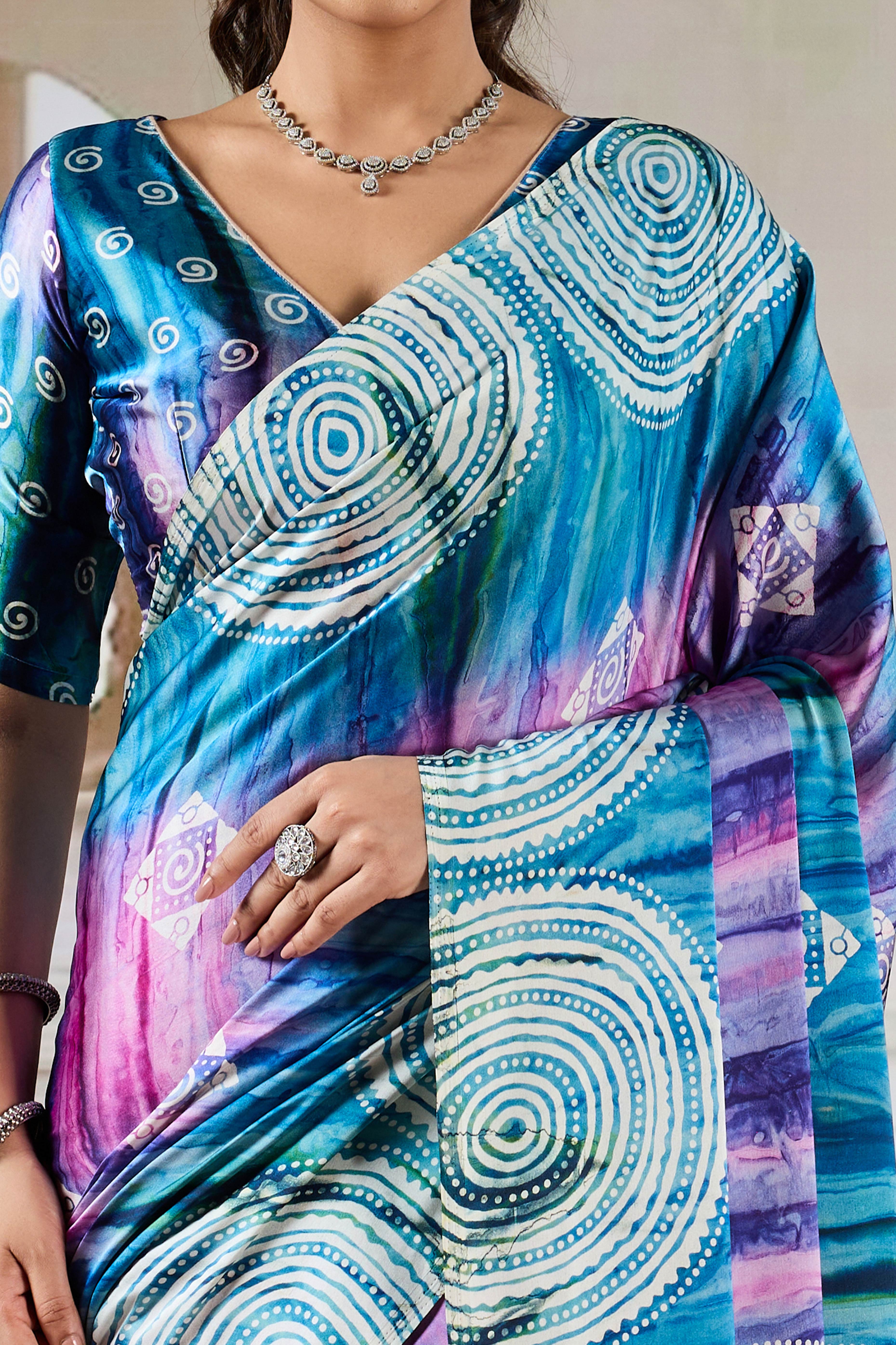 Luxury Blue Abstract Prism Print Modal Satin Saree Featuring Artistic Work