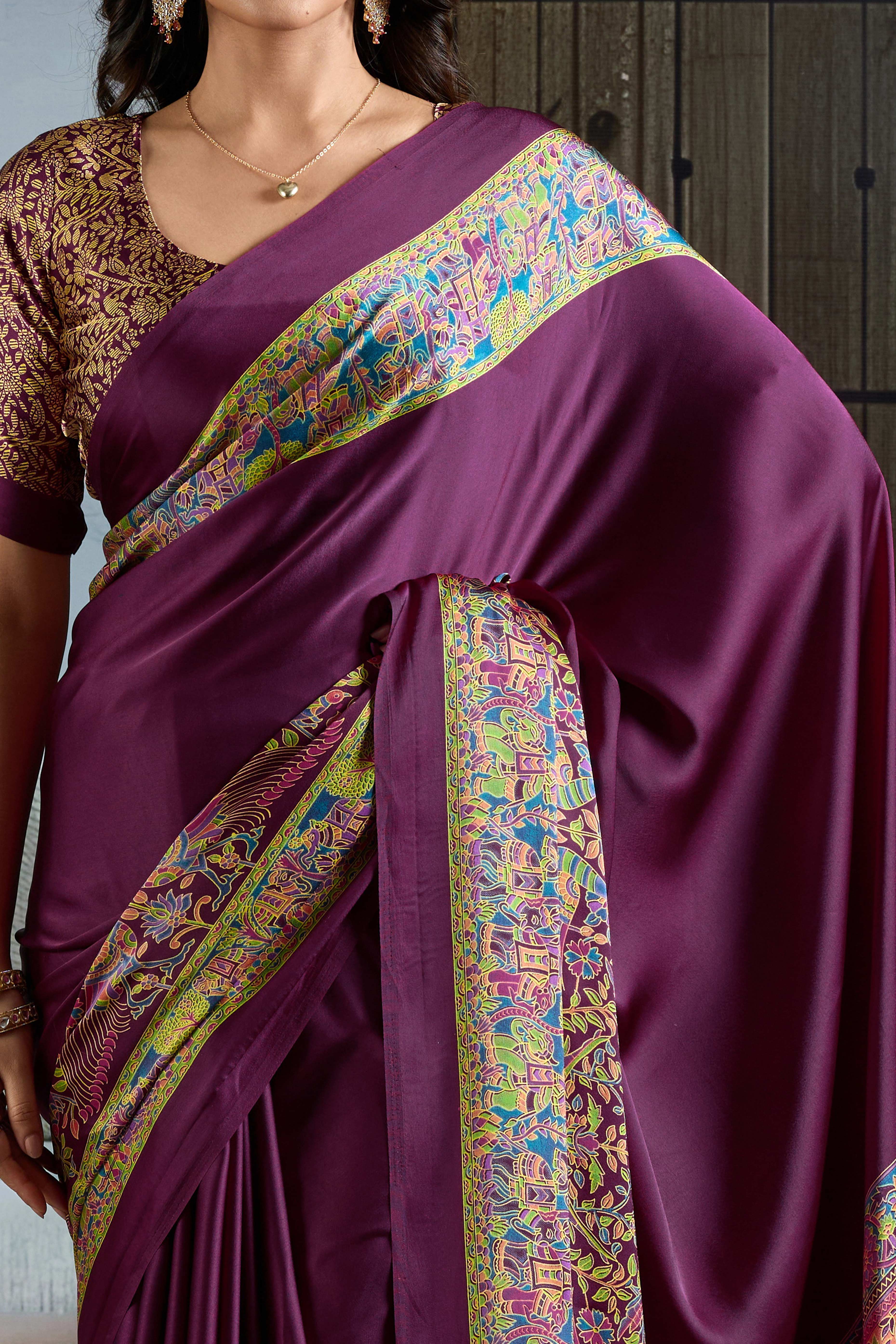 Classic Wine Solid Modal Satin Saree With Multicolor Traditional Folk Art Printed Border & Pallu