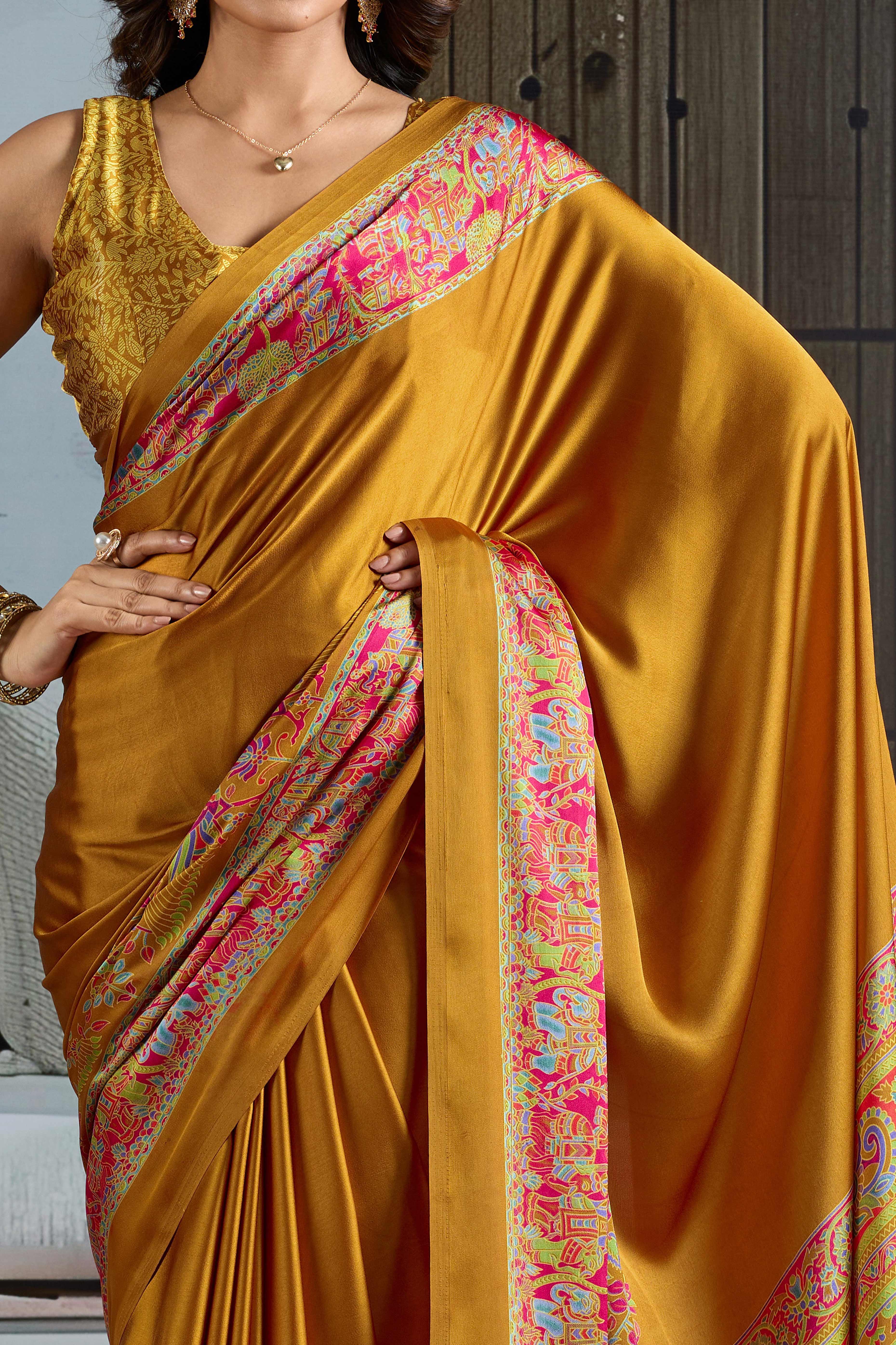 Classic Mustard Solid Modal Satin Saree With Multicolor Traditional Folk Art Printed Border & Pallu