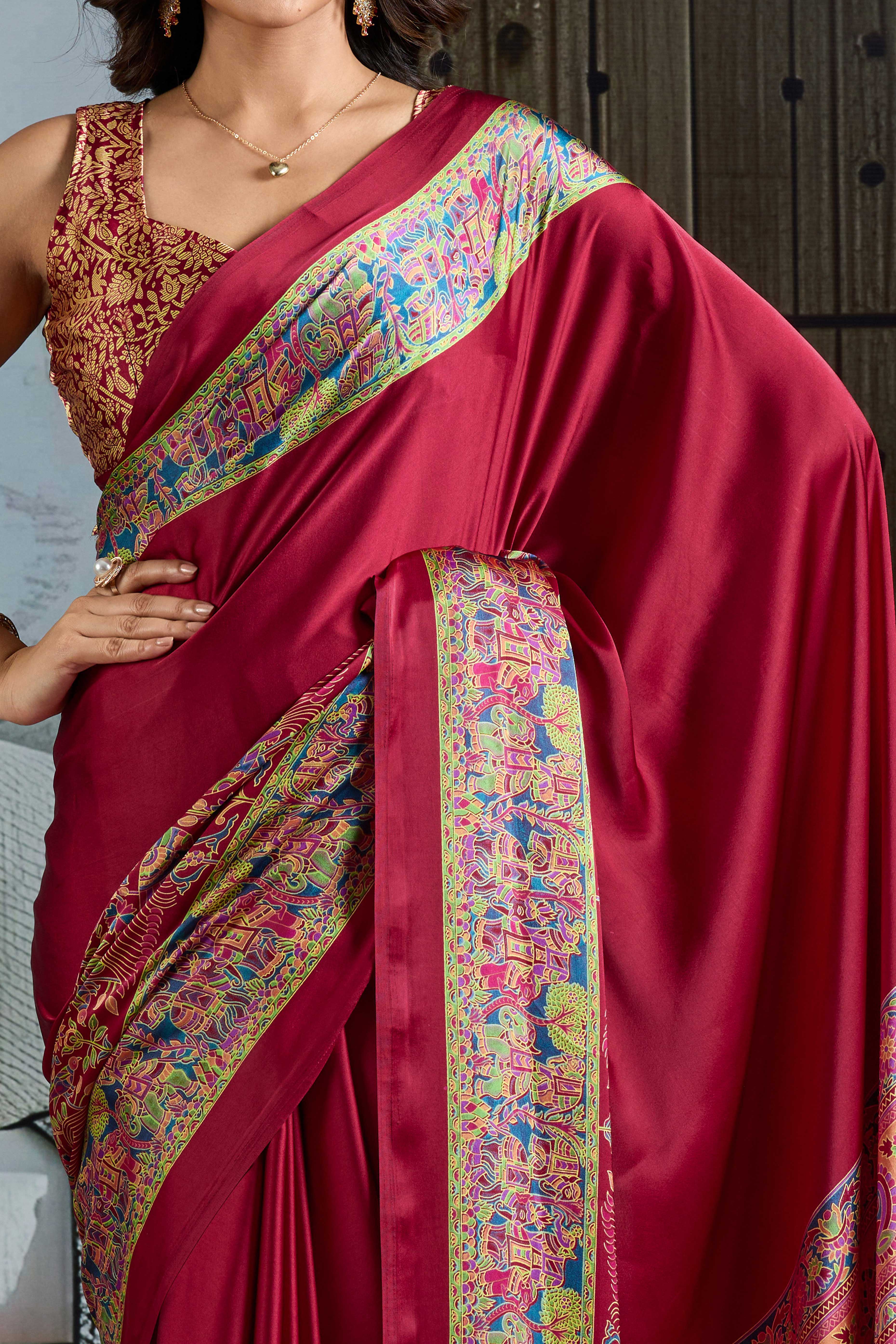 Classic Maroon Solid Modal Satin Saree With Multicolor Traditional Folk Art Printed Border & Pallu