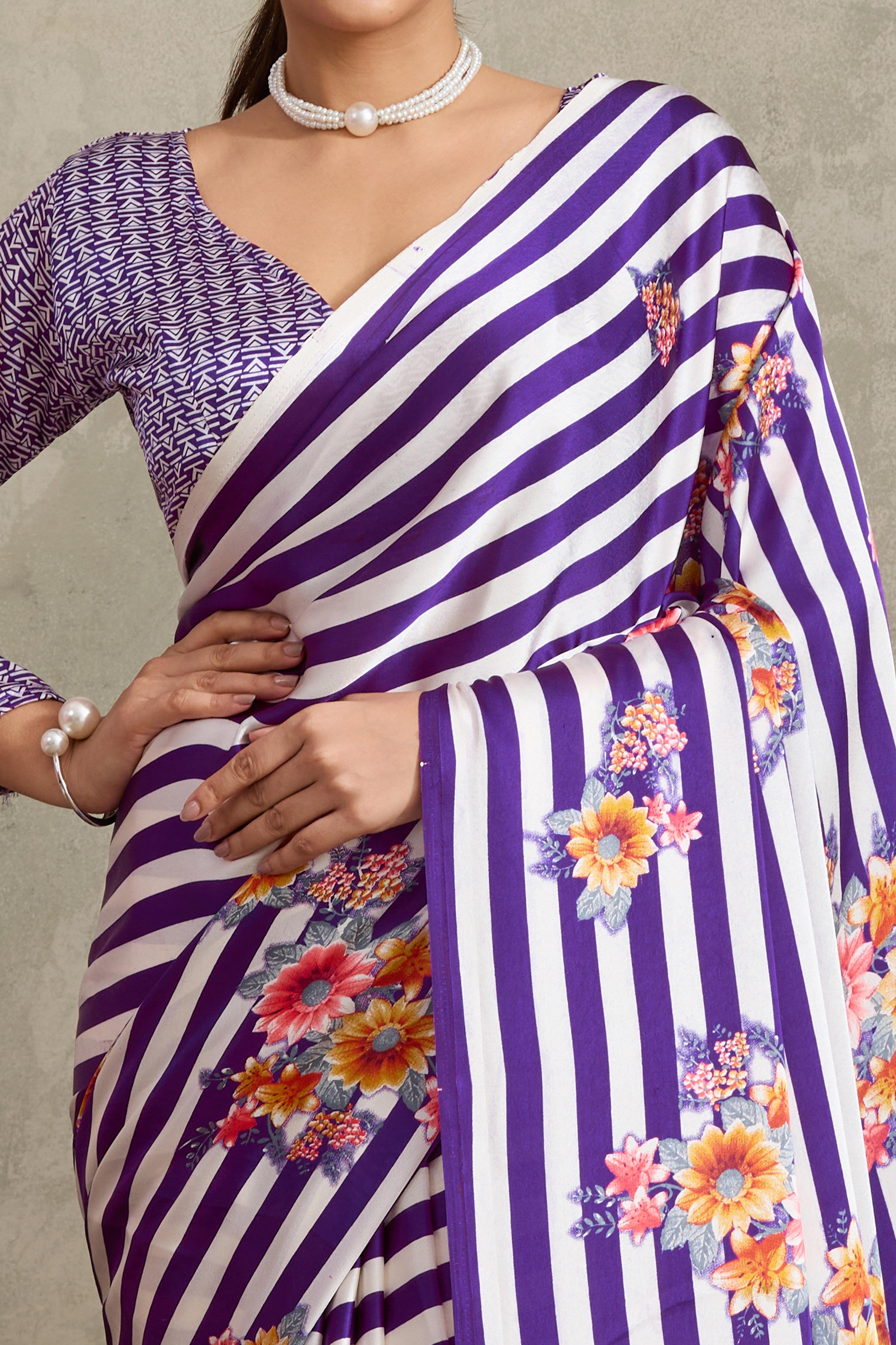 Purple Elegant Ajrakh Printed Modal Satin Saree Designed for Festive & Party Occasions