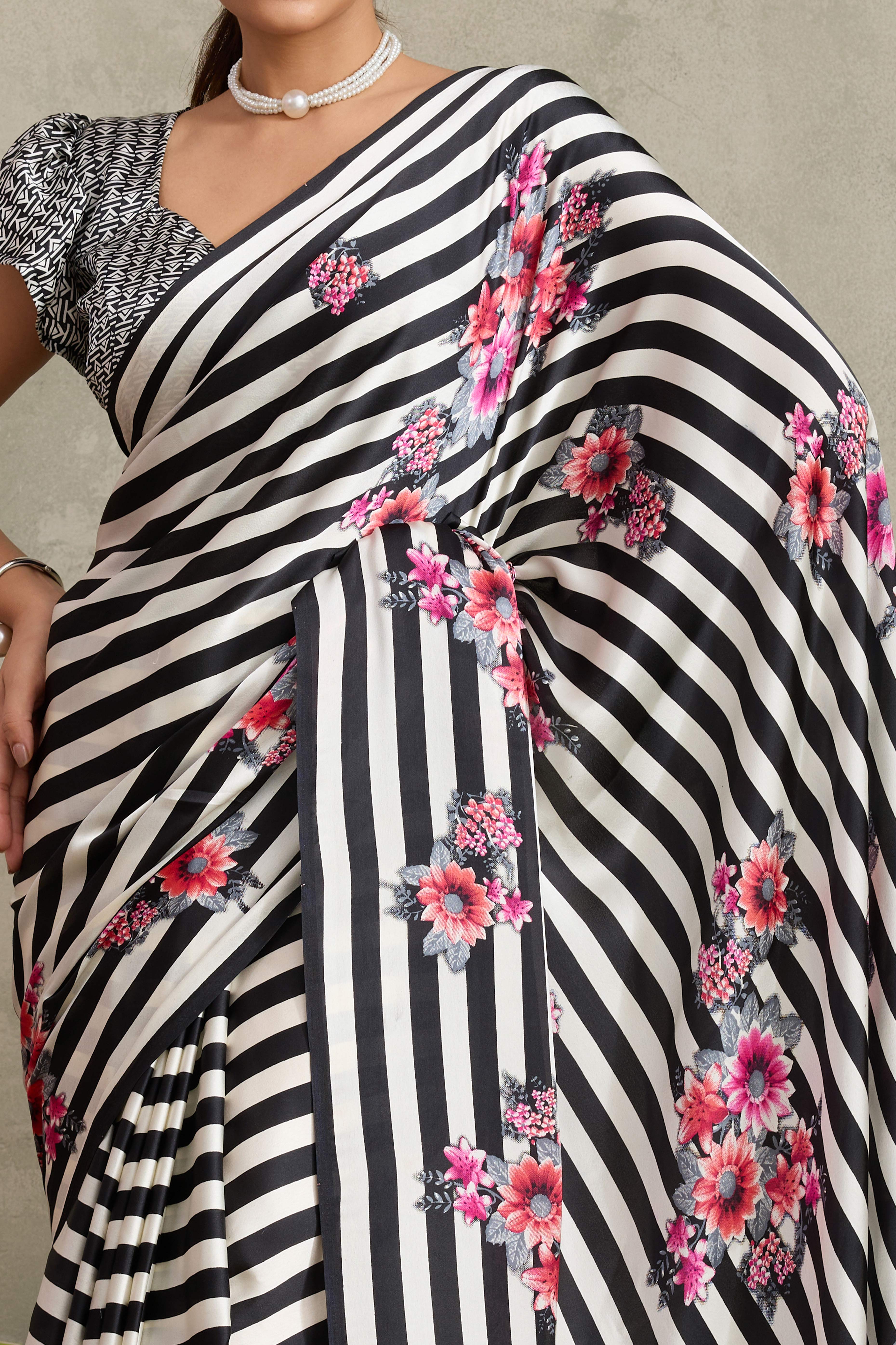 Black Elegant Ajrakh Printed Modal Satin Saree Designed for Festive & Party Occasions