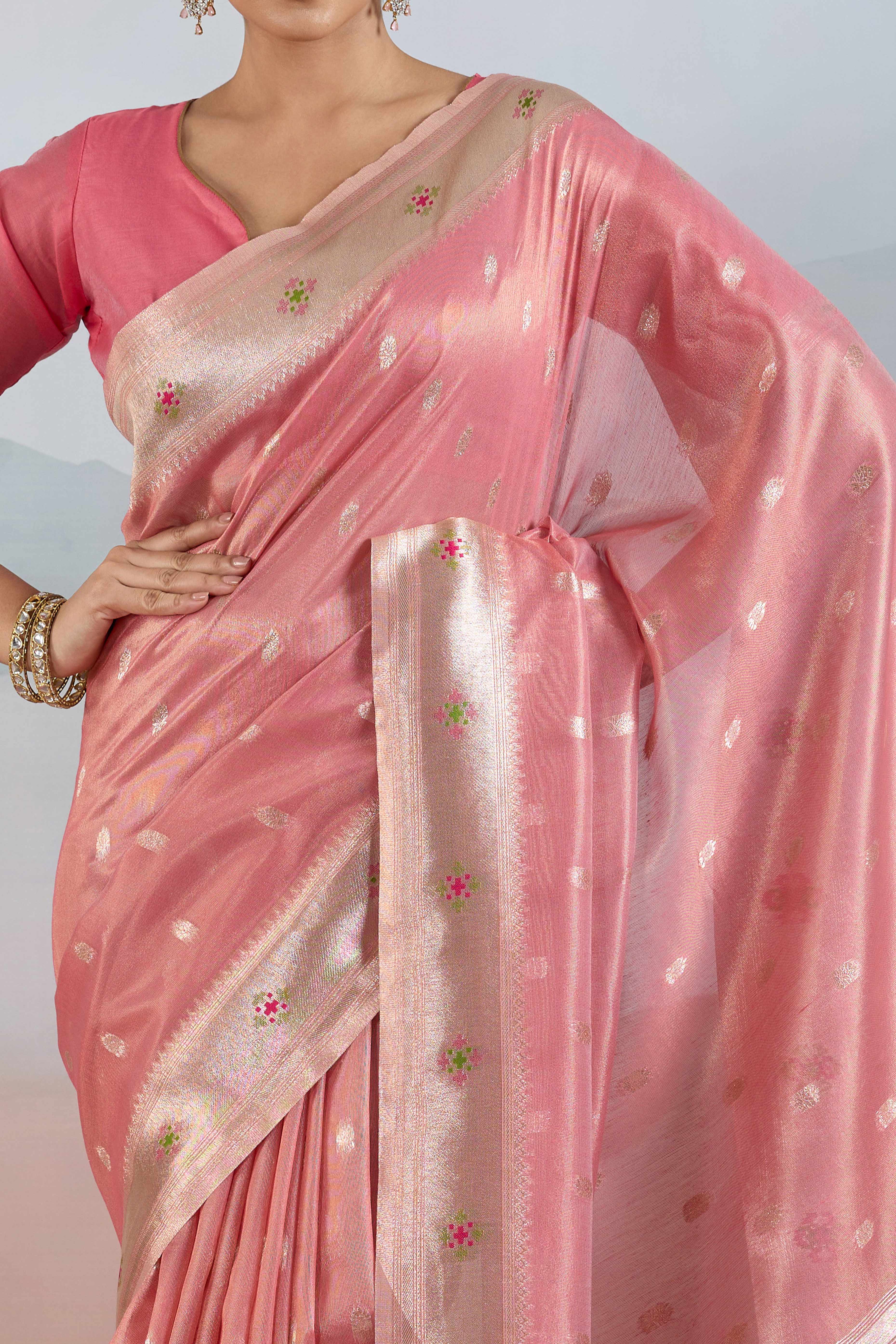 Pink Festive Tissue Saree Crafted with Artistic Zari Butti Weaving and a Featherlight Texture