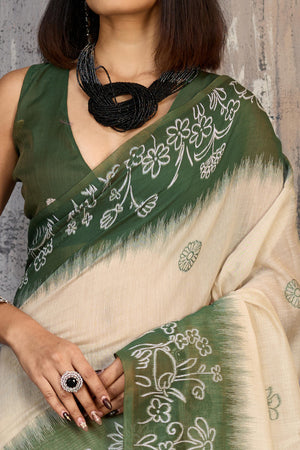 Beige & Green Classic Munga Cotton Blend Saree with Intricate Floral Woven Detailing