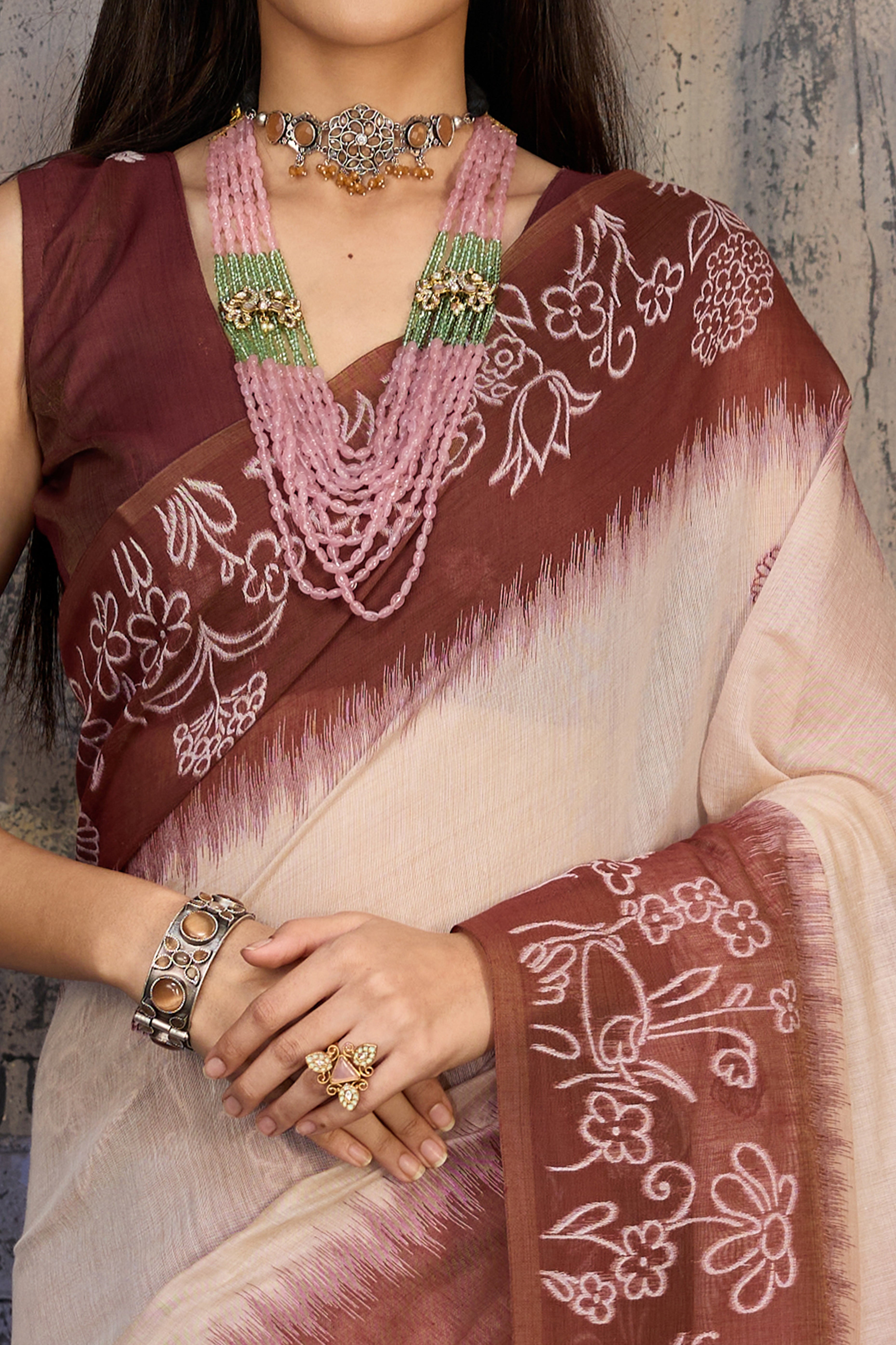 Beige & Brown Classic Munga Cotton Blend Saree with Intricate Floral Woven Detailing