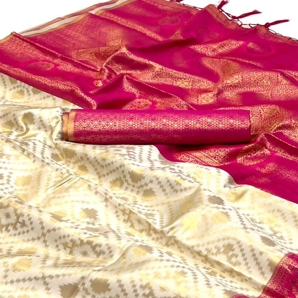 Off White Woven Art Silk Saree With Tassels