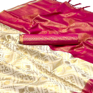 Off White Woven Art Silk Saree With Tassels