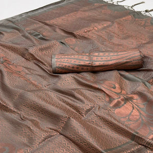 Grey Woven Art Silk Saree With Tassels