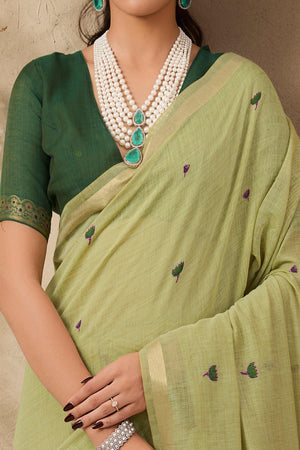 Green Lightweight Handloom Munga Cotton Blend Saree Accented with Floral Woven Motifs